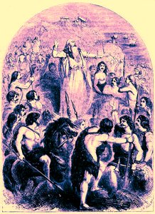 Druidzi podżegający Brytyjczyków do sprzeciwu wobec lądowania Rzymian, ilustracja z Ilustrowanej Historii Uniwersalnej Cassella autorstwa Edwarda Colliera, opublikowanej w 1890 r. (obraz ulepszony cyfrowo) autorstwa English School