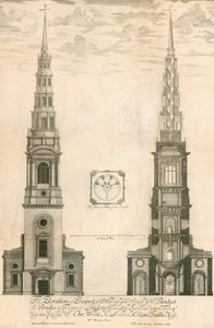 Elewacja i perspektywa zachodniego krańca wieży kościoła St Brides przy Fleet Street w Londynie