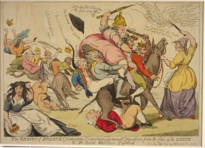 Geniusz Francji wykorzeniający despotyzm, tyranię i ucisk z powierzchni ziemi Lub pokonani królewscy wojownicy, 1792 (akwaforta ręcznie kolorowana) autorstwa English School