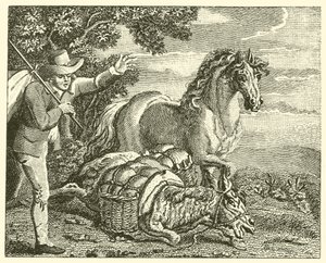 Koń i obładowany osioł (rycina) autorstwa English School