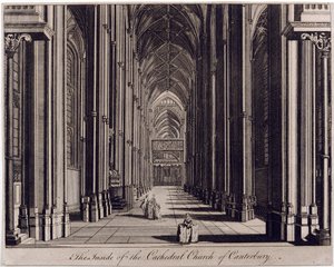 Wnętrze katedry w Canterbury”, z widokiem na nawę, od strony zachodniej, ok. 1700-43 autorstwa English School