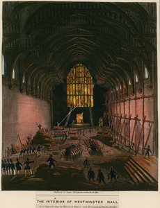 Wnętrze Westminster Hall tak, jak wyglądało, gdy budynki parlamentu zostały zniszczone przez pożar autorstwa English School