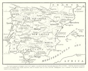 Ostatnie pozostałości niegdyś rozległego imperium Hiszpanii zniknęły wraz z wojną hiszpańsko-amerykańską w 1898 r. (litografia) autorstwa English School