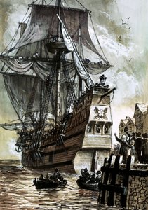 Ostatnim widokiem Ojców Pielgrzymów był dok w Southampton (gwasz na papierze) autorstwa English School