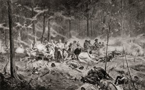 Ostatni bastion majora Allana Wilsona na rzece Shangani w Matabelelandzie podczas pierwszej wojny w Matabele w 1893 r., według obrazu Allana Stewarta z książki „Republika Południowej Afryki i wojna w Transwalu: tom. 1