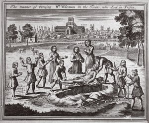 Sposób chowania na polach Wm Wisemana, który zmarł w więzieniu, ilustracja z Foxes Martyrs c.1703 autorstwa English School