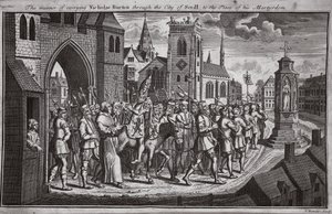 Sposób przeprowadzenia Nicholasa Burtona przez Sewillę na miejsce jego męczeństwa, ilustracja z Foxes Martyrs c.1703 autorstwa English School