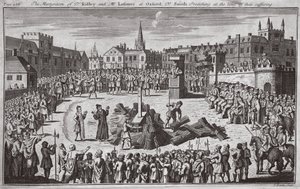 Męczeństwo dr Ridleya i pana Latimera w Oksfordzie, dr Smith wygłaszający kazanie w czasie ich cierpienia, ilustracja z "Foxes Martyrs" ok. 1703 r. (litografia) autorstwa English School