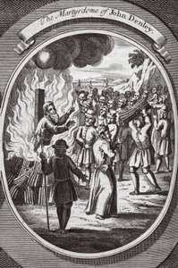 Męczeństwo Johna Denleya, ilustracja z „Foxes Martyrs” ok. 1703 r. (litografia) autorstwa English School