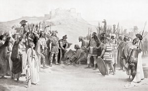 Spotkanie Hannibala z Ceutronami, celtyckim plemieniem starożytnej Galii, podczas jego przekraczania Alp w 218 pne, z Historii Narodów Hutchinsona, wyd. 1915 autorstwa English School