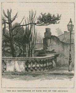 Nowe balustrady przeciw samobójstwom w Highgate Archway: stara balustrada na każdym końcu łuku autorstwa English School