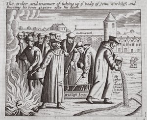 Kolejność i sposób zabrania ciała Johna Wickliffa i spalenia jego kości 44 lata po jego śmierci, ilustracja z Acts and Monuments Johna Foxe