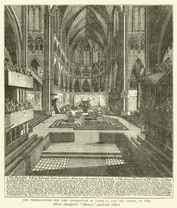 Przygotowania do koronacji Jakuba II i jego królowej w 1685 r. z „Historii” Sandforda wydanej w 1687 r. (rycina) autorstwa English School