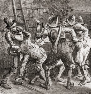 "The rest of the racals jump on him and Burked him", ilustracja według J. Tenniela do wiersza "The Tragedy", z "The Ingoldsby Legends or Mirth and Marvels", autorstwa Thomasa Ingoldsby