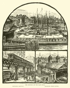 Żegluga na East River; Podwyższona kolej; Hamilton Ferry-house autorstwa English School