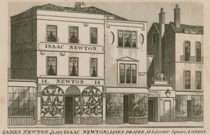 Witryna sklepu Isaaca Newtona, lniana draperia przy 14 Leicester Square, Londyn autorstwa English School