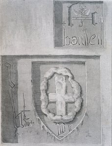 Podpis Anny Boleyn z Różą Tudorów podczas jej uwięzienia w Tower of London oraz rzeźbienie krzyża przez innych więźniów, 1815 autorstwa English School