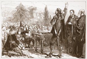 Zaprzysiężenie i zapisanie Przymierza Narodowego w Greyfriars Churchyard w Edynburgu, ilustracja z Historii protestantyzmu Jamesa Aitkena Wylie (1808-1890), wyd. 1878 autorstwa English School