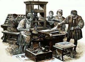 Trzecia prasa drukarska w Anglii powstała w St. Albans w 1480 roku (gwasz na papierze) autorstwa English School