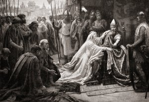 Жена короля Эдуарда III, королева Филиппа Эно, заступается перед мужем с просьбой сохранить жизнь семи горожанам Кале (печать)польский autorstwa English School