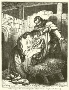 „Owinęli Go w pieluszki i położyli w żłobie”, św. Łukasz, II, 7 (rycina) autorstwa English School