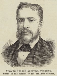 Thomas George Ashford, strażak, zabity w spaleniu teatru Alhambra (rycina) autorstwa English School