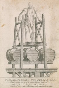 Thomas Topham, siłacz, dokonujący jednego ze swoich zdumiewających wyczynów siły w Spitalfields, 28 maja 1741 autorstwa English School