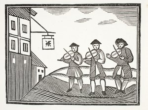 Trzech skrzypków na Thames Street, którzy rano udawali pana młodego, który nie dawał im nic do picia, ilustracja z książki Chap-books of the Eighteenth Century Johna Ashtona, wyd. 1882 autorstwa English School