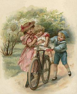 Troje dzieci bawiących się rowerem autorstwa English School