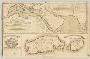 Trzy wydrukowane kolorowe mapy: Nowa mapa Fairburns przedstawiająca drogę generała Bonaparte na Morzu Śródziemnym, 1798 autorstwa English School
