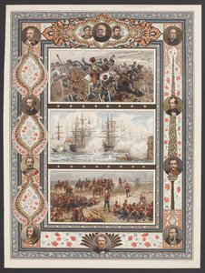Trzy winiety przedstawiające sceny bitew morskich i lądowych, w tym „Relief of the Light Brigade” R. Catona Woodville