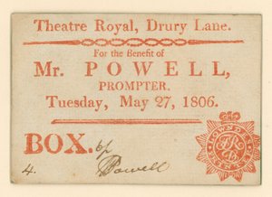 Bilet do Drury Lane Theatre, Londyn: Na korzyść pana Powella, suflera, 27 maja 1806 r. autorstwa English School