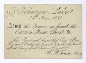 Bilet dla londyńskich sprzedawców ryb na rejs statkiem Citizen Steam Boat, 24 czerwca 1851 r autorstwa English School