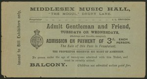 Bilet do Middlesex Music Hall, The Mogul, Drury Lane, Londyn autorstwa English School