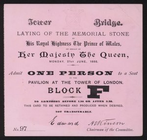 Bilet na wmurowanie kamienia pamiątkowego na Tower Bridge, Londyn, 21 czerwca 1886 r. autorstwa English School