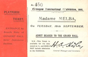 Bilet, aby usłyszeć Nellie Melba na Międzynarodowej Wystawie w Glasgow, 1901 (druk) autorstwa English School