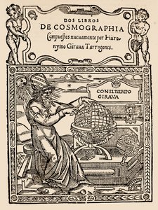 Strona tytułowa do Two Books of Cosmography, Hieronymo Girana Tarragones, z The Narrative and Critical History of America, pod redakcją Justina Winsora, Londyn, 1886 (drewnodruk) autorstwa English School