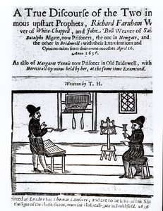 Strona tytułowa Prawdziwego dyskursu dwóch niesławnych proroków, Richarda Farnhama, tkacza z White-Chapel i Johna Bulla, tkacza z Saint Botolphs, Algate autorstwa T.H 1636