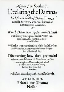 Strona tytułowa Wiadomości ze Szkocji, Declaring the Damnable life and death of Dr Fian, 1591 autorstwa English School