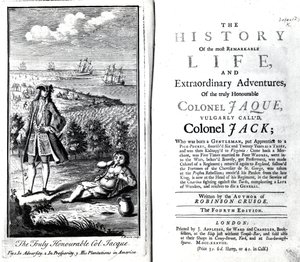 Strona tytułowa i frontyspis do Historii najbardziej niezwykłego życia i niezwykłych przygód prawdziwie czcigodnego pułkownika Jaque autorstwa Daniela Defoe, 1738 autorstwa English School