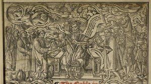 Szczegóły na stronie tytułowej przedstawiające „Króla Henryka VIII na tronie”, z „Wielkiej Biblii”, ok. 1541 (drzewryt) autorstwa English School