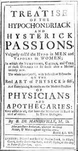 Strona tytułowa „Traktatu o hipochondryku i namiętnościach histeryków” Bernarda de Mandeville, opublikowana w 1711 r. (druk) autorstwa English School