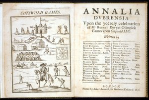 Strona tytułowa dla Annalia Dubrensia: W czasie uroczystych obchodów Igrzysk Olimpijskich Roberta Doversa na Cotswold Hills, 1636 autorstwa English School