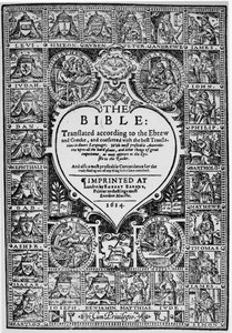 Strona tytułowa angielskiego tłumaczenia Biblii Genewskiej, 1614 r. autorstwa English School