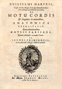 Strona tytułowa książki "De Motu Cordis set Sanguinis in Animalibus" (Ruch serca i krwi w istotach żywych) autorstwa Williama Harveya (1578-1657) opublikowanej w 1628 roku. autorstwa English School