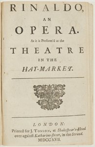 Strona tytułowa z libretta opery Haendla „Rinaldo”, Giacomo Rossi, 1717 autorstwa English School