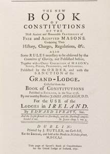 Strona tytułowa Księgi Konstytucji Spratts dla Wielkiej Loży w Irlandii, 1751 r autorstwa English School