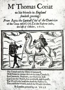 Strona tytułowa Thomasa Coryatsa wydrukowana pośmiertnie relacja z podróży po Indiach, wydana w Londynie 1618 (papier drukowany i drzeworyt) autorstwa English School