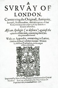Strona tytułowa do A Survey of London autorstwa Johna Stow, opublikowanej w 1598 (papier drukowany)