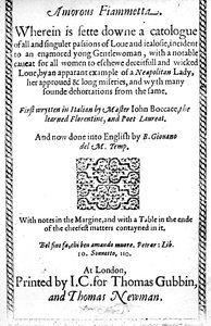Strona tytułowa do Miłosnej Fiammetta Giovanniego Boccaccio, tłumaczenie na język angielski opublikowane w 1587 r.